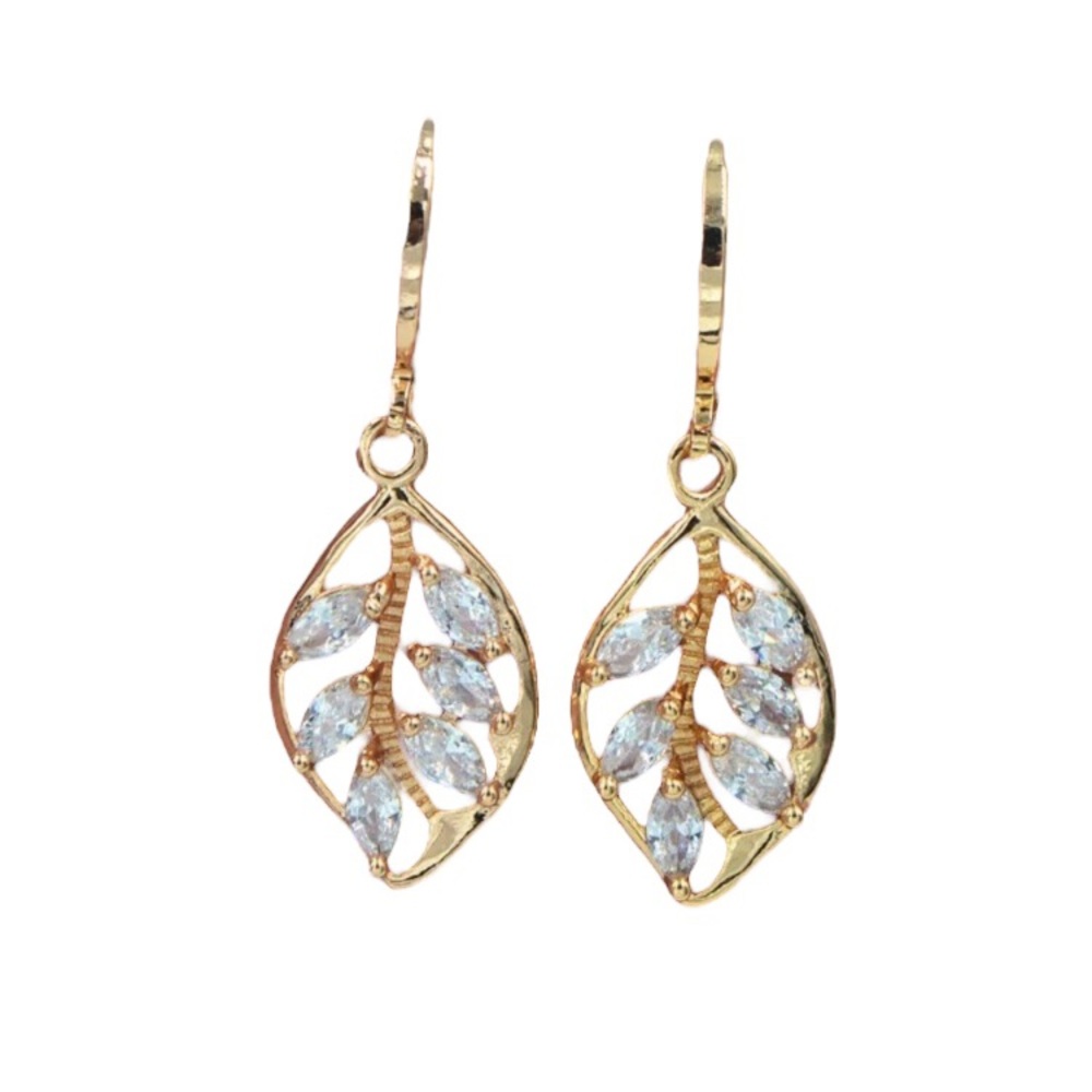 Diamond Leaf Gold Toned Leverback Earrings